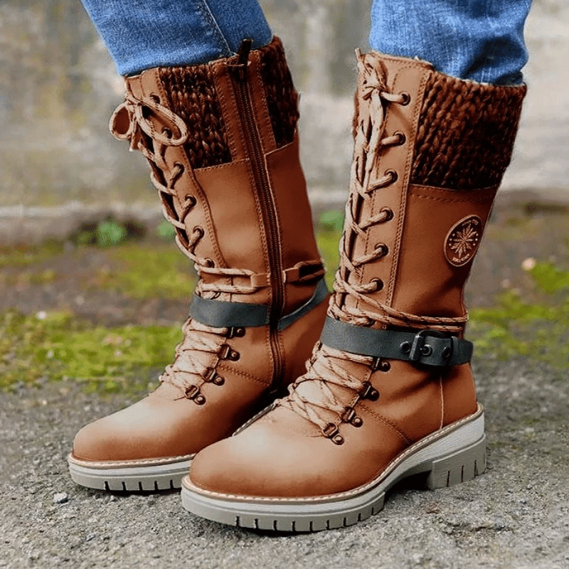 Women Snow Buckle Lace Knitted Mid-calf Snow Slip Resistant Waterproof Winter Boots - Smiths Picks - Winter Boots & Accessories