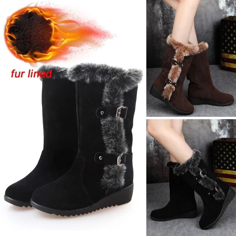 Premium Fashion Women Winter Fur Lined Mid-Calf Wedge Snow Boots 2023 - Smiths Picks - Winter Boots & Accessories