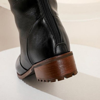 Women Knee High Snow Winter Boots Round Toe Zipper Low Heel Genuine Leather Non Slip - Smiths Picks - Winter Boots & Accessories