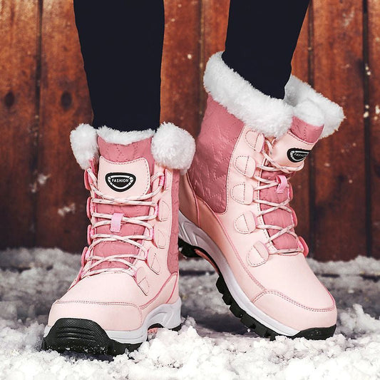 Women Waterproof Mid-Calf Winter Boots with Cozy Fur Lining and Non-Slip Sole Pink And White - Smiths Picks - Winter Boots & Accessories