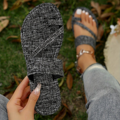 Women's Toe Loop Slip On Slide Shoes Casual Non Slip Flat Denim Sandals