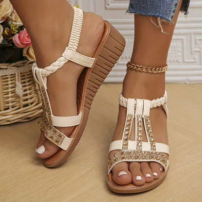 Rhinestone Ergonomics Ankle Elastic Strap Soft Sole Platform Sandals For Women Summer Beach Wedge Shoes