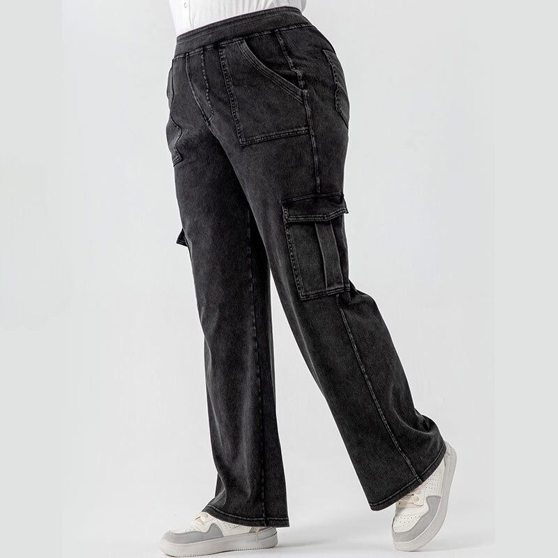 Women's High Rise Multiple Pockets Straight Leg Stretchy Pull On Casual Denim Cargo Pants