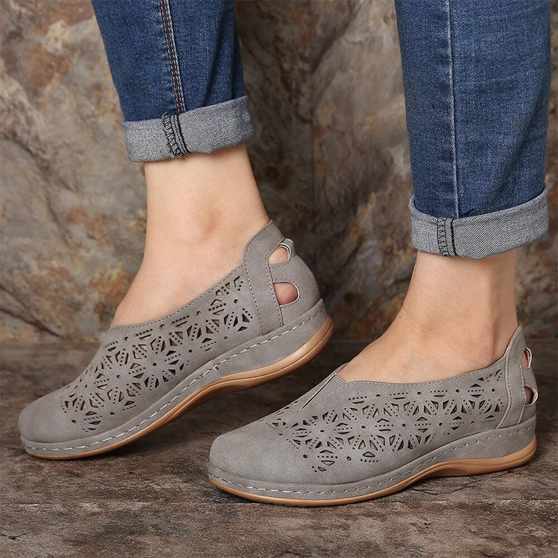 Premium Vintage Faux Leather Women Cushion Stretch Slip On Arch Support Walking Shoes