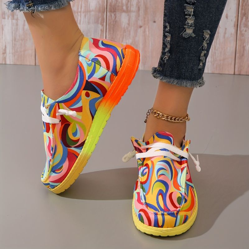Slip On Shoes Canvas Comfortable Loafers Trendy Lace Up Low Top Colorful Pattern