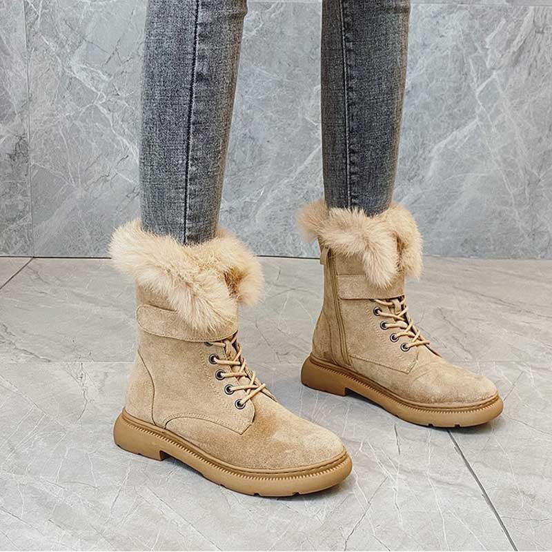 Suede Leather Fluffy Mid-calf Fur Warm Winter Boots for Women