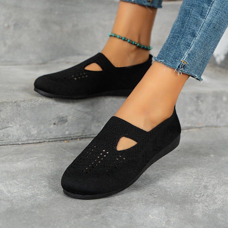 Women Knitted Flat Shoes Comfy Round Toe Hollow Out Slip On Shoes