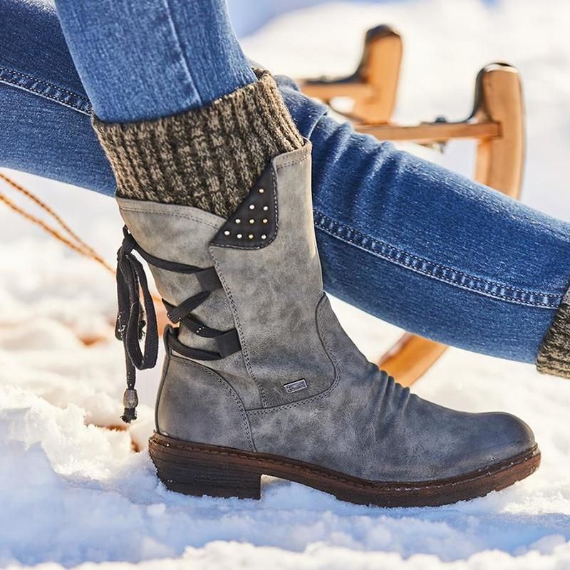 Women's Winter Warm Back Mid-Calf Lace Up Leather Waterproof Snow Boots, 6 Colors - Smiths Picks - Winter Boots & Accessories