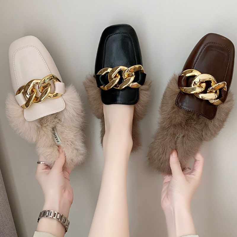 Luxury Golden Chain Fur Lined Ergonomic Design Backless Fluffy Round Toe Orthopedic Insole Winter Mules for Women