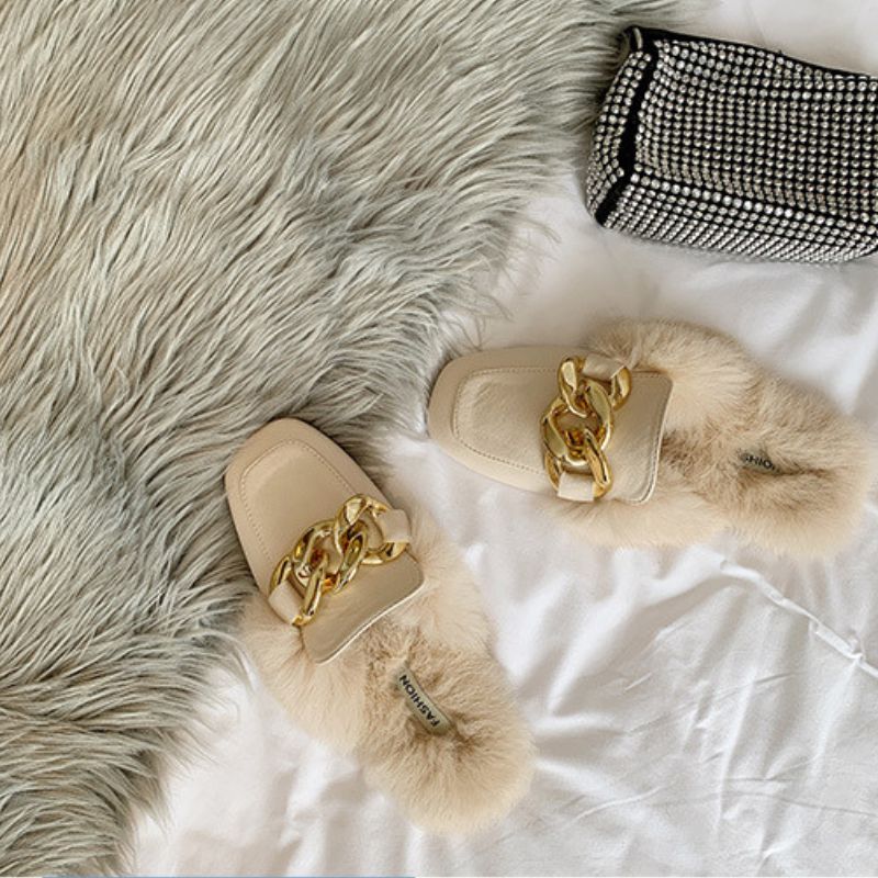 Luxury Golden Chain Fur Lined Ergonomic Design Backless Fluffy Round Toe Orthopedic Insole Winter Mules for Women