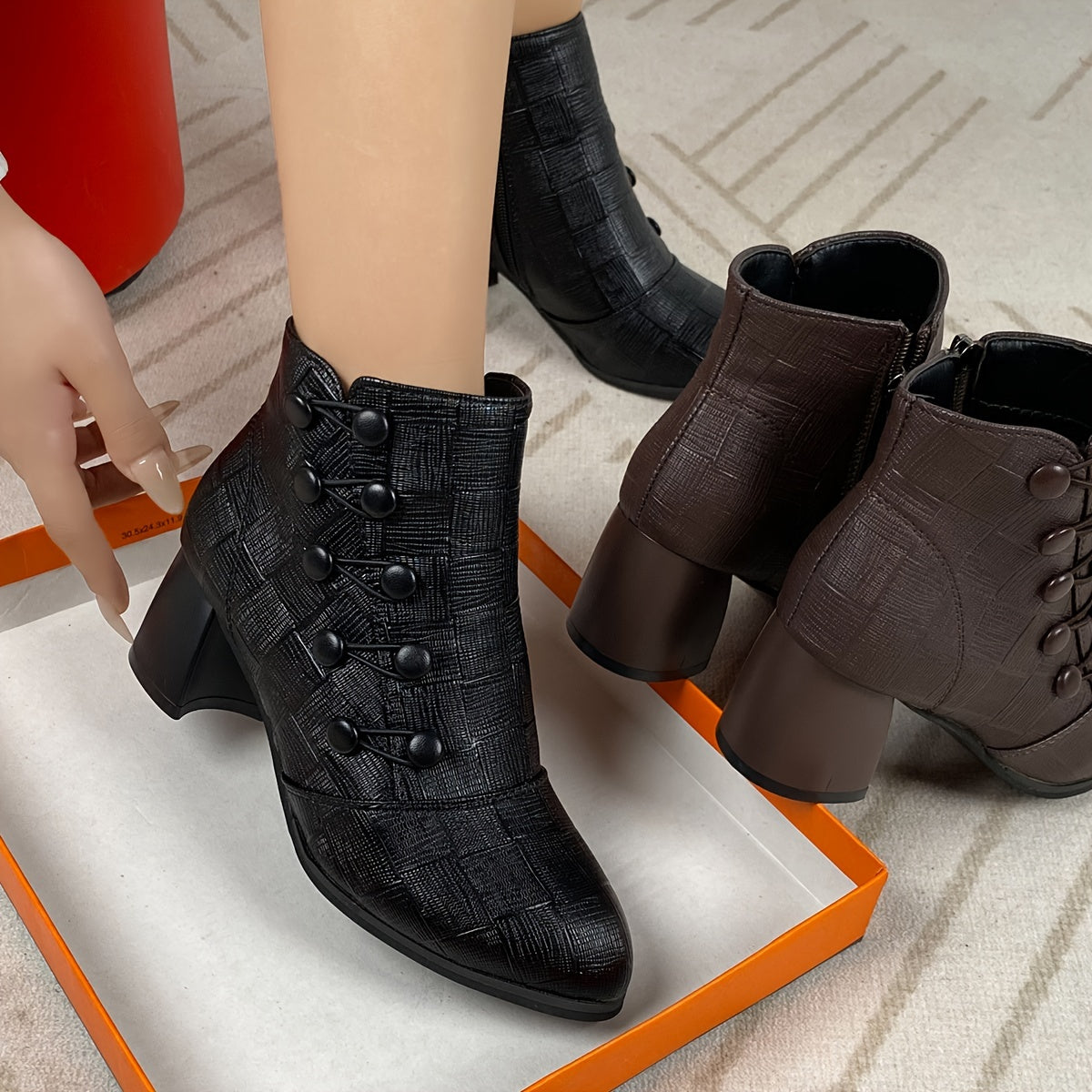 Chunky Heeled PU Zipper Leather Slip-On Winter Boots With Button Decor - Smiths Picks - Winter Boots & Accessories