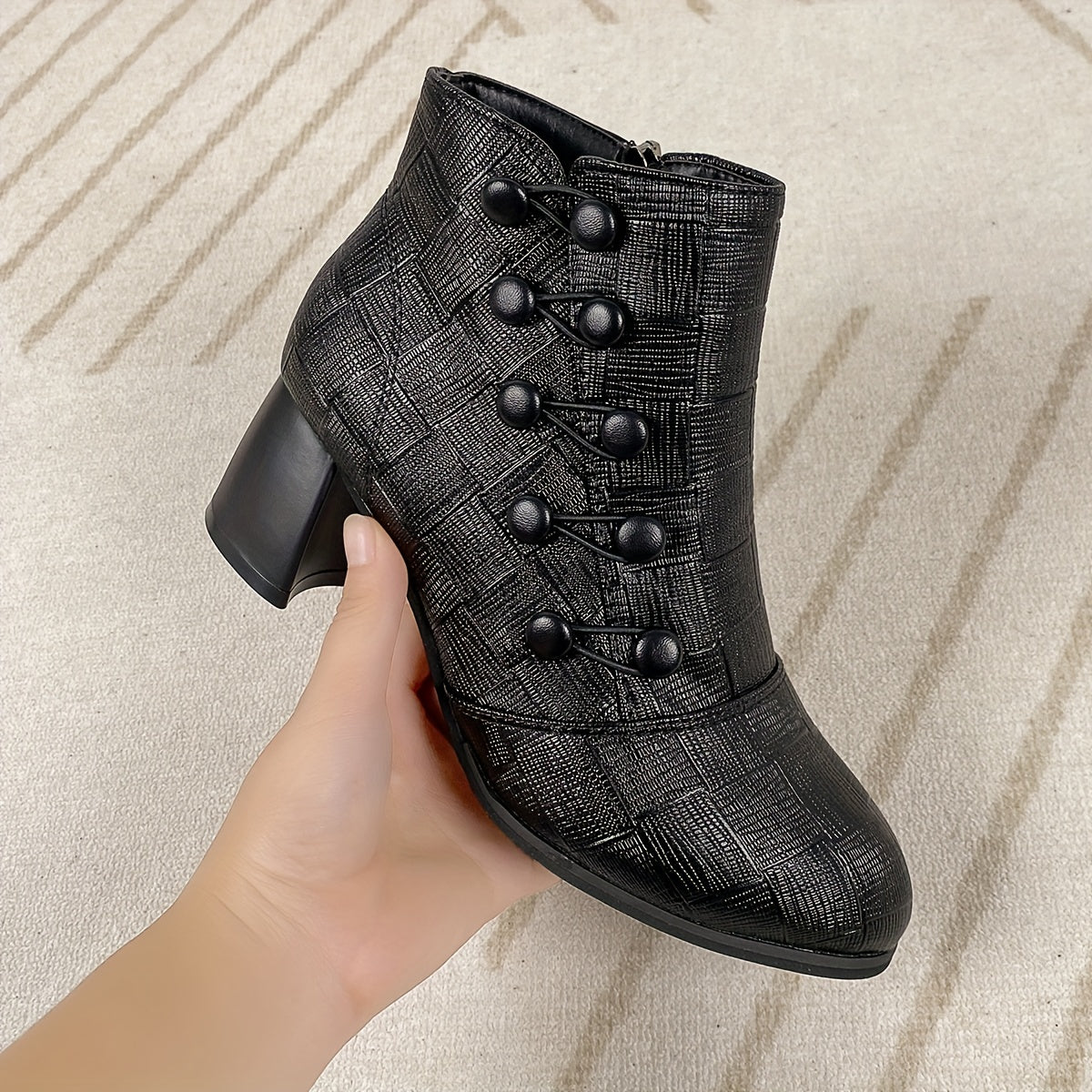 Chunky Heeled PU Zipper Leather Slip-On Winter Boots With Button Decor - Smiths Picks - Winter Boots & Accessories